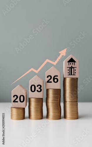 Stacks of golden coins supporting wooden blocks with numbers and a house symbol show financial growth