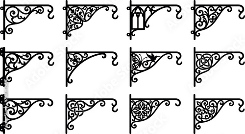 Fotografie Vintage wrought iron hanging basket bracket silhouettes set ornate gothic and ba