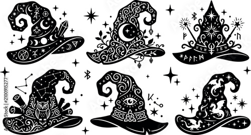 Foto Witch hat silhouette vector set featuring mystical occult symbols celestial moon