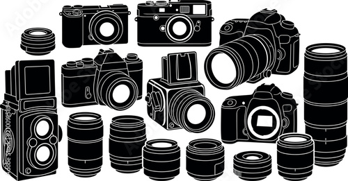 Schilderij op canvas Vintage rangefinder and twin lens reflex camera silhouettes collection modern DS
