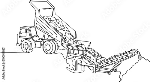 Bild auf Leinwand Construction Dump Truck Unloading Aggregate onto Conveyor Belt System