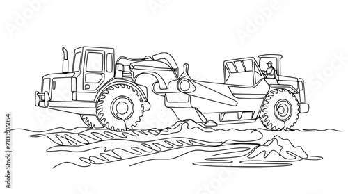 Obraz na płótnie Construction earthmover scraper digging and moving soil on building site, line art
