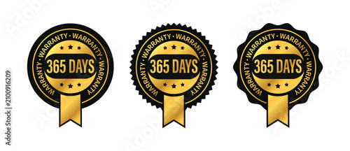 Premium luxury 365 Days warranty logo set with gold ribbon and star in circle, vector illustration.