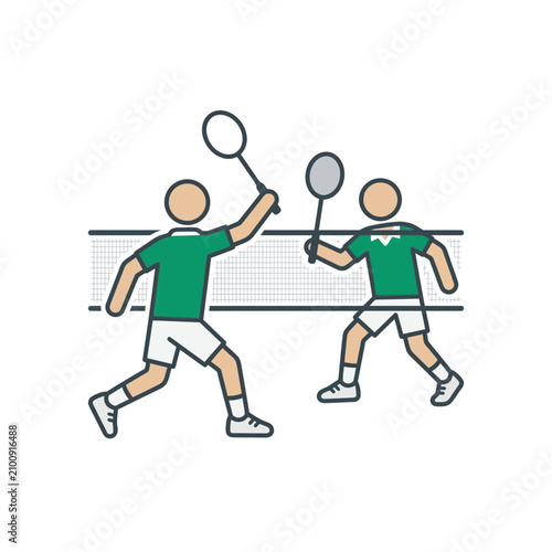 Two badminton players competing at the net in doubles match.