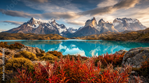 Majestic Sunrise Over Torres del Paine Mountains and Lake Pehoe in Chilean Patagonia Landscape