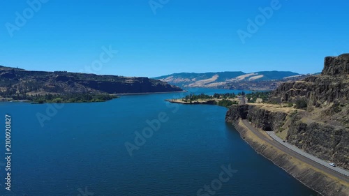 Descend toward river and tunnels on Hwy 14E along the Columbia River Gorge by Lyle Washington.
