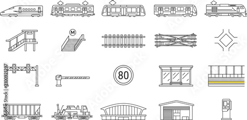 Quadro su tela Train Transit and Railway Infrastructure Line Art Icon Collection