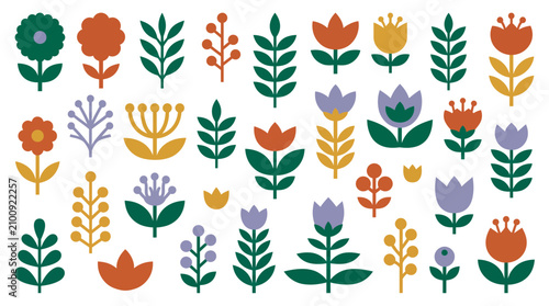 Set of flat geometric floral icons and minimalist organic leaf shapes in earth tone colors isolated on white background, symbolizing modern patterns, illustrating creative design elements