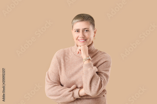 Young woman with short hair...