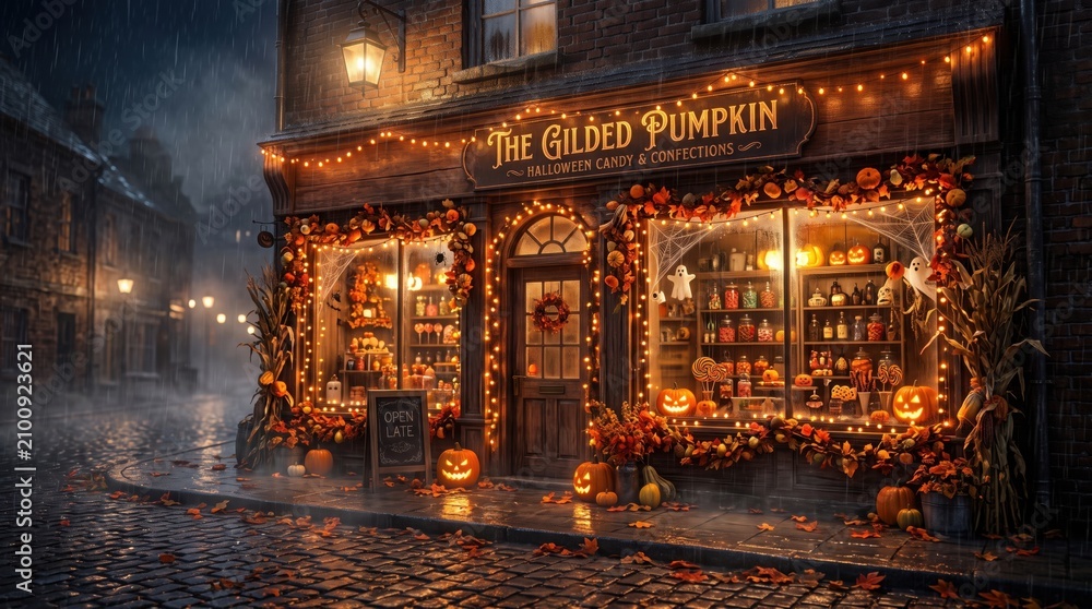 Fototapeta premium Shopfront decorated for Halloween features glowing jack-o'-lanterns and autumn foliage on a rainy cobblestone city street.