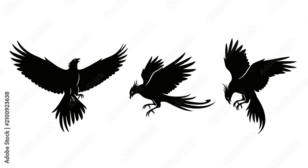 Fototapeta premium Three black birds in flight formation 1.