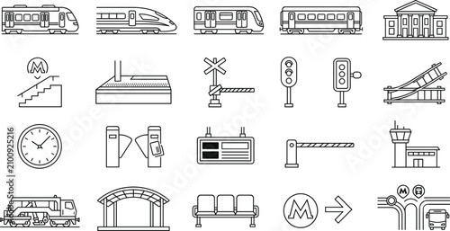 Railway and Public Transportation Outline Icon Set with Trains and Transit Infrastructure