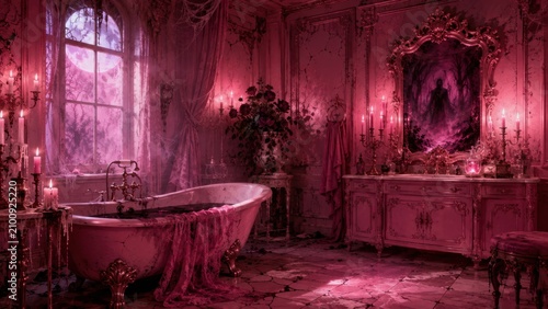 Pink Haunted Bathroom Reveals a Ghostly Figure in an Ornate Mirror Beside a Candlelit Clawfoot Tub