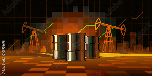 Cuadro en lienzo Oil Barrels And Pumpjacks With Rising Stock Chart Digital Illustration