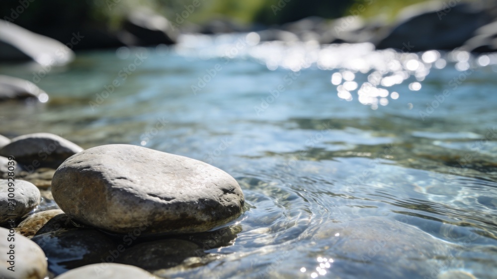 Obraz premium A serene close-up of smooth river rocks in shallow, crystal-clear water with bright sunlight reflecting off the ripples and a soft bokeh background.