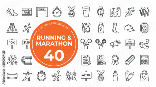 Foto Collection of black line icons depicting running and marathon related