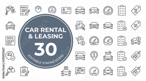 Quadro su tela Collection of 30 editable stroke icons representing car rental and lea