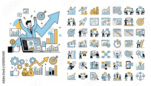 Comprehensive business growth and strategic planning illustration set with professional performance icons business strategy planning performance professional corporate management