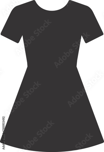 Simple black short sleeve dress icon with a fitted waist and flared skirt, ideal for fashion apps, clothing catalogs, wardrobe planners, and boutique branding