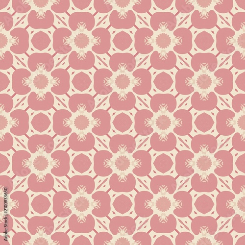Soft pink and cream floral pattern repeats seamlessly. Geometric shapes frame delicate, stylized blossoms. Design evokes vintage charm and gentle elegance. Suitable for textiles, wallpaper
