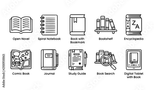Foto Reading and book icon collection with novel, notebook, bookshelf, encyclopedia,