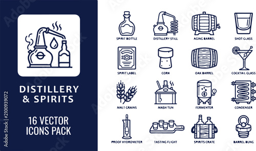 Linear icons set representing distillery production process, alcohol brewing equipment, whiskey aging barrels, and spirit bottles.