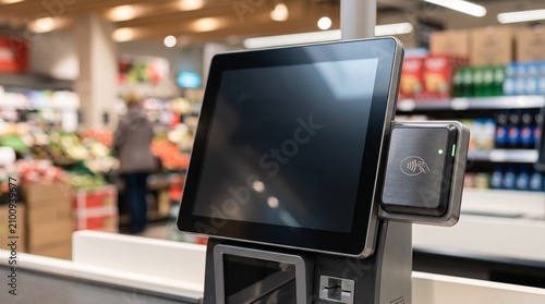 Modern Self Service Checkout Terminal Station Located Inside A Busy Retail Grocery Store Environment For Contactless Financial Transactions