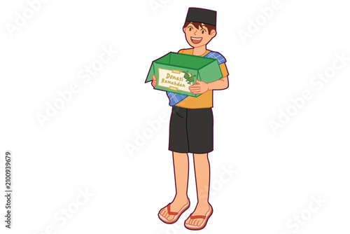 Foto Boy holding donation box wearing peci and sarong community service