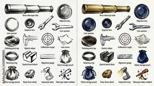 Konstfotografi Collection of vintage optical instruments and tools, including telescopes, lenses, and calibration equipment, presented in a detailed illustration