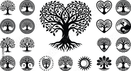 Canvas Print Tree of Life Silhouette Icon Set Featuring Heart Shaped Foliage Celtic Knots Sac