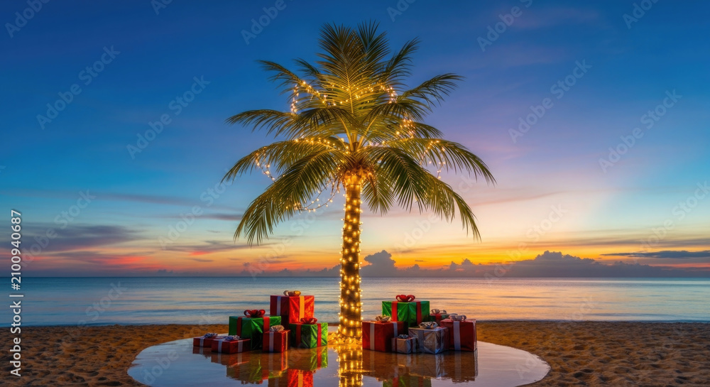 Fototapeta premium Tropical christmas scene with palm tree decorated with lights and gifts on sandy beach at sunset
