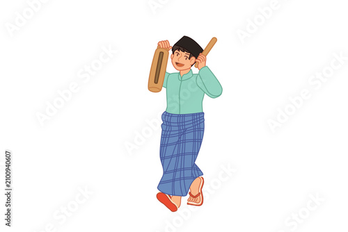 Bild auf Leinwand Smiling man in traditional sarong holding bamboo drum culinary arts