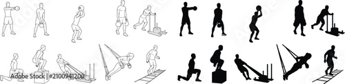 Foto Silhouettes and line art outlines of athletes performing cross training and functional fitness gym exercises