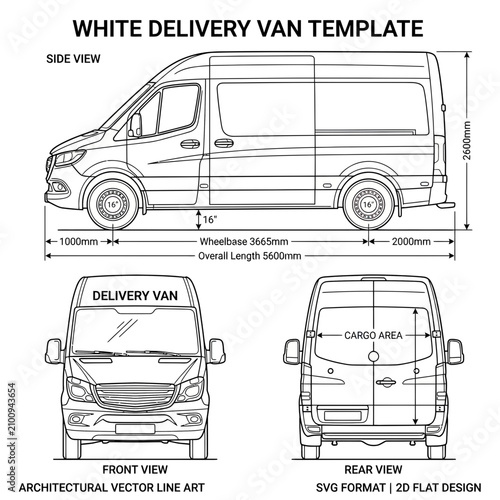 White Delivery Van Template, Technical Drawing Vector