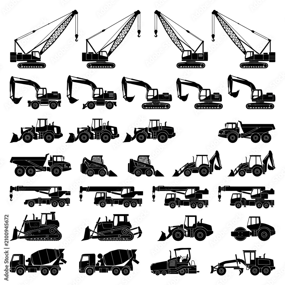 Obraz premium Construction equipment silhouettes, heavy machinery collection