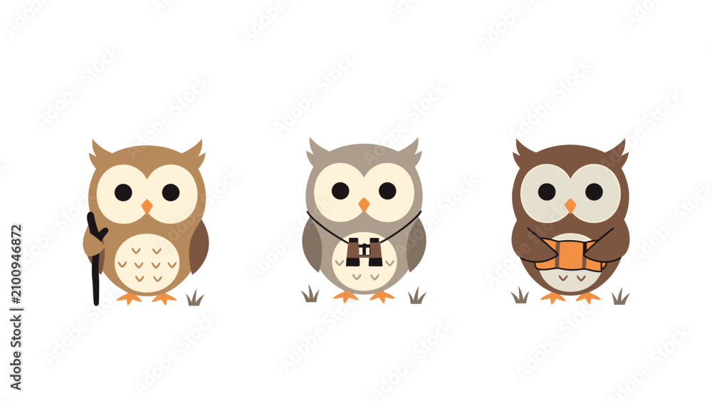 Fototapeta premium Three cute cartoon owls with different accessories on a white background.