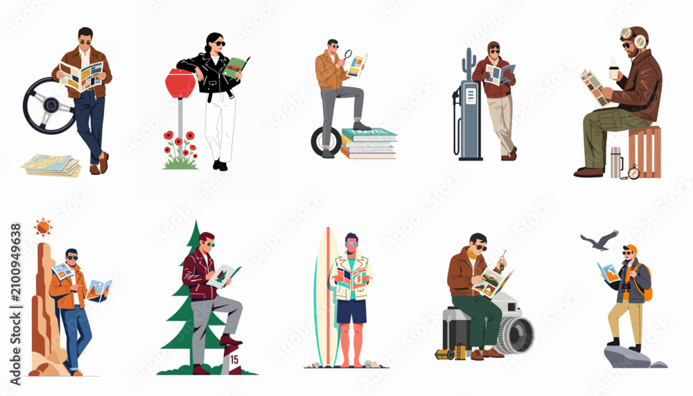 Fototapeta premium Set of stylized characters planning travel adventures while reading maps and magazines in various outdoor and hobby-related environments.