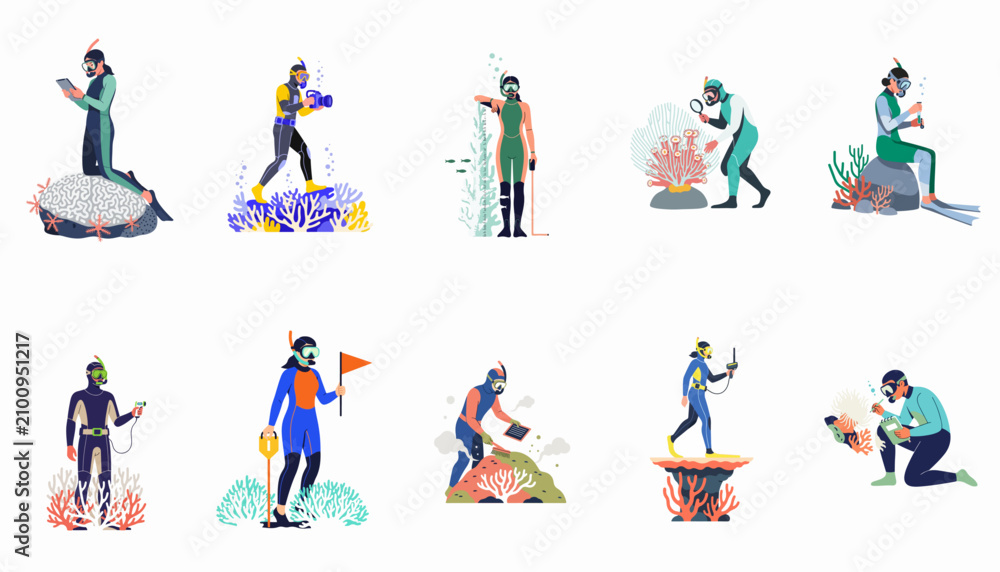 Fototapeta premium Flat vector illustration collection of marine biologists and scuba divers conducting scientific research and studying coral reefs underwater.