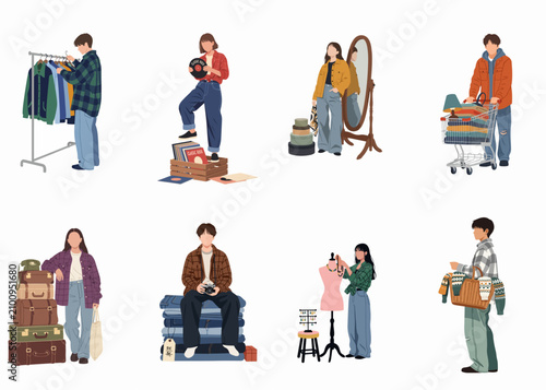 Konstfotografi Set of young people shopping for vintage clothes, vinyl records, and secondhand items at a flea market or thrift store, flat vector illustration