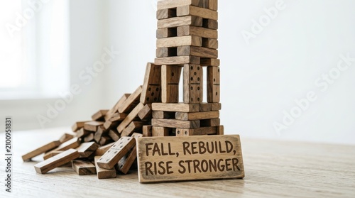 Wooden domino tower about to fall with inspirational message
