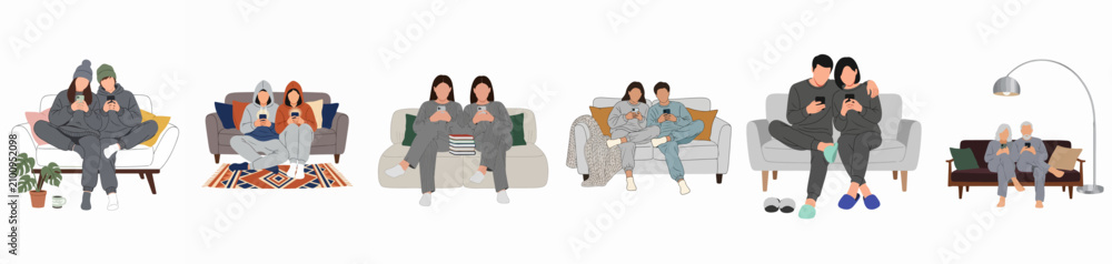 Obraz premium Set of diverse couples and people of different ages sitting on sofas and armchairs using their smartphones in a cozy home environment.