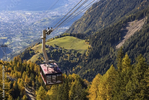 Merano 2000 mountain railway, near the summit station, below the spa town of Merano, South Tyrol, Italy