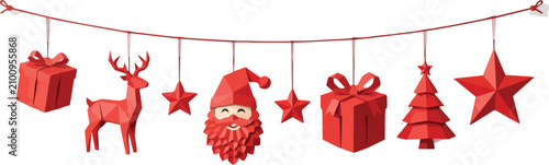 Modern Red Geometric Paper Christmas Decorations Hanging on a String Isolated on White