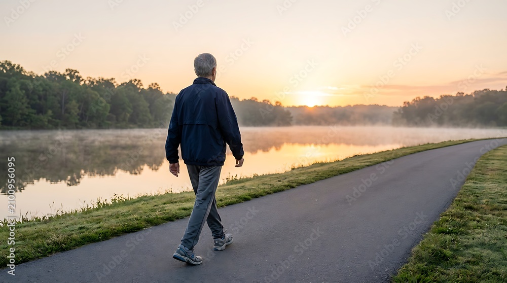Obraz premium Active senior man walking on paved path along a peaceful lake during a misty sunrise
