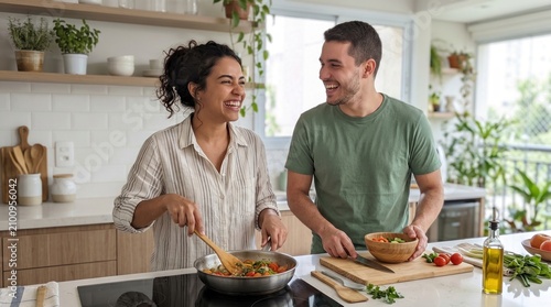 Cheerful couple laughing while preparing healthy dinner in kitchen