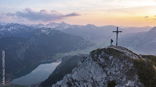 Evening mood, aerial view, mountain panorama with Haldensee, mountains Rote Flüh and Gimpel, Tannheimer Bergen, Allgäu Alps, Tyrol, Austria