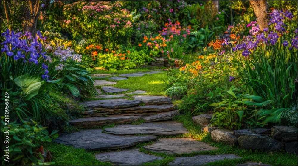 Obraz premium Stone pathway through lush English cottage garden in golden hour sunlight.