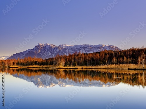 Untersberg reflected in the moor lake in Ainringer Moor, also moss, Ainring, Berchtesgadener Land, Upper Bavaria, Bavaria, Germany