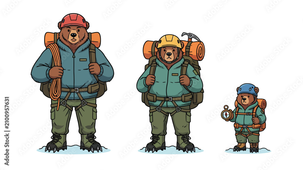 Naklejka premium Three bears dressed as hikers with backpacks and climbing gear, representing different sizes and stages of a journey.
