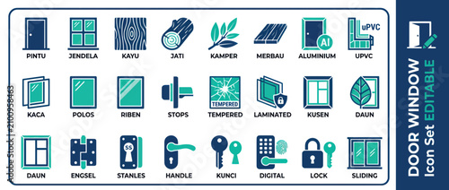 Door and Window Icon Set: Components, Materials, and Hardware - Editable